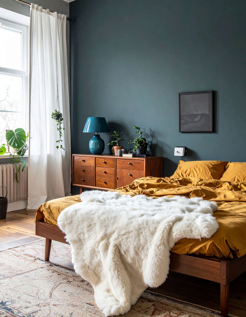 Chambre avec murs bleu canard, literie moutarde, commode en bois et peau de mouton