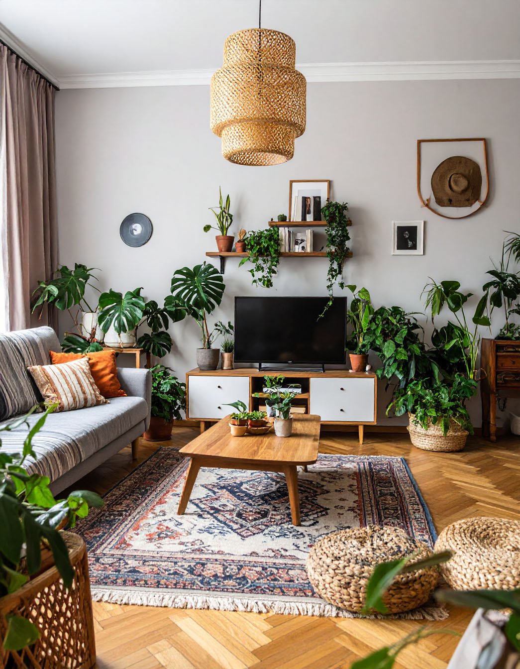 Salon bohème avec canapé à rayures, nombreuses plantes, tapis persan et suspension en rotin