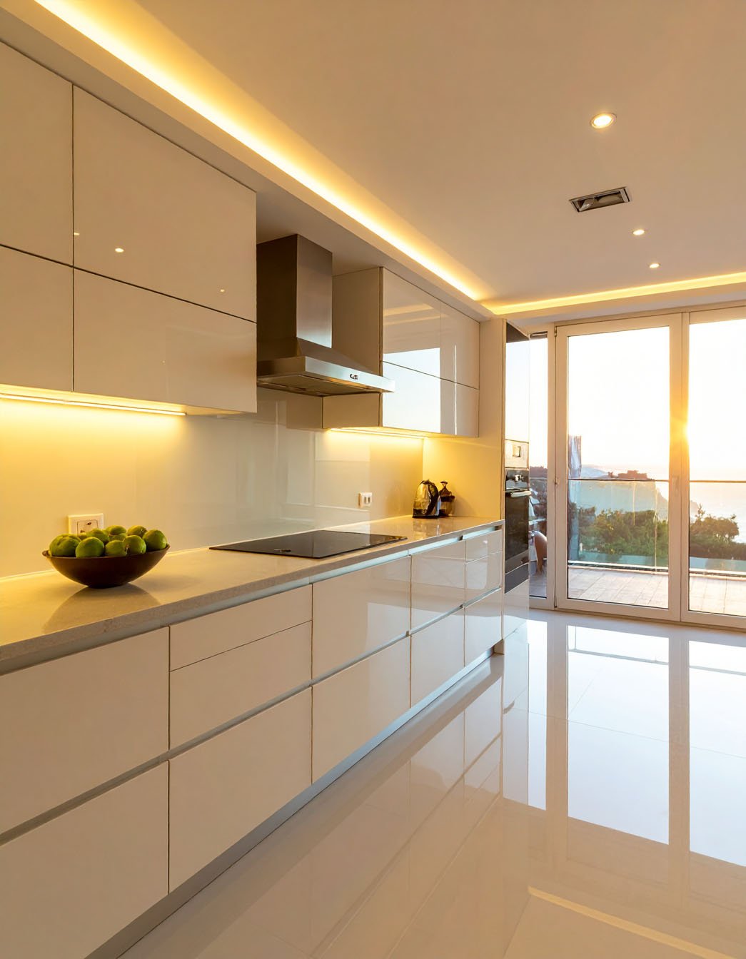 Cuisine moderne laquée blanc cassé, éclairage linéaire, vue sur balcon au coucher du soleil