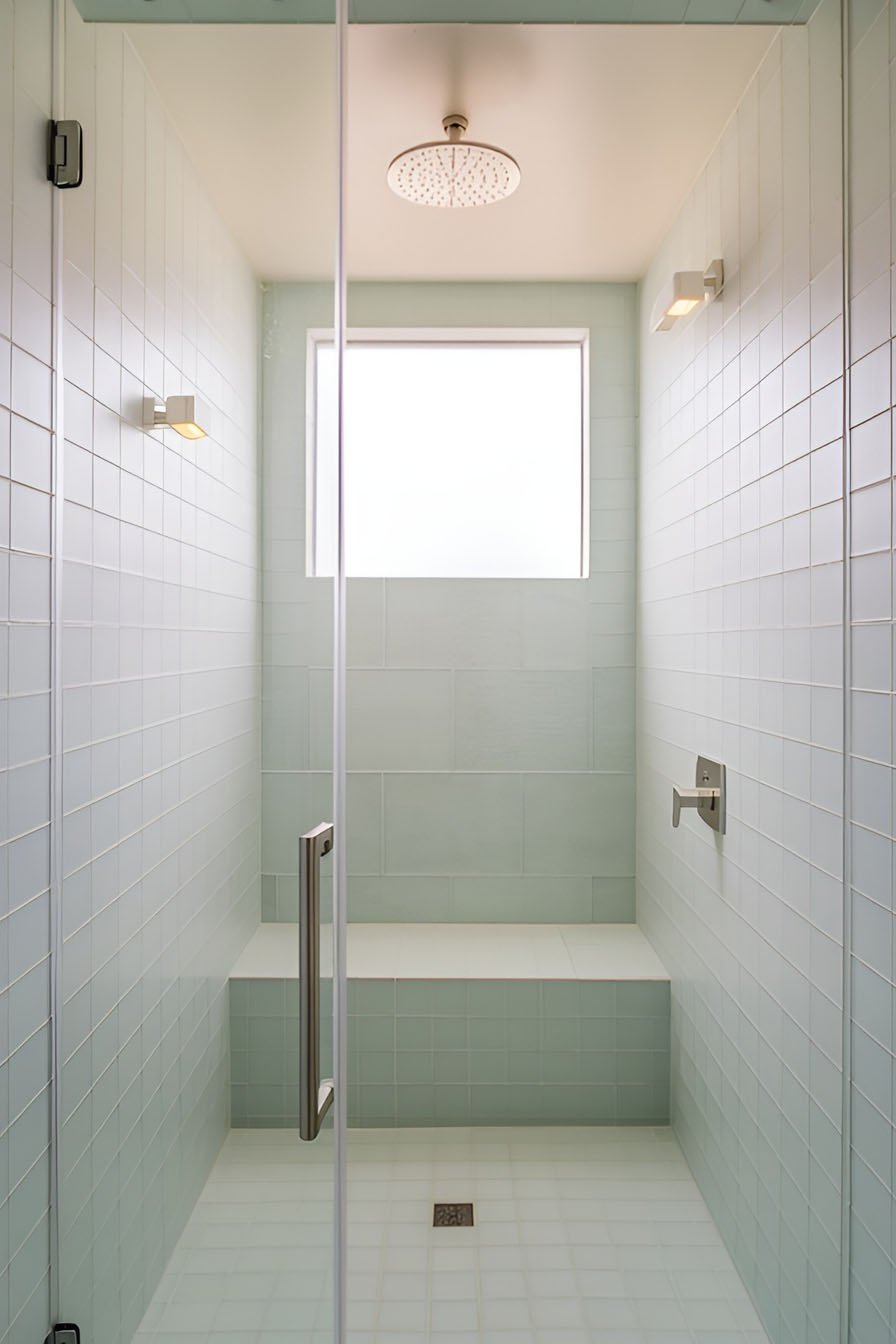 Douche moderne carrelée en petits carreaux de verre vert pâle, avec un banc intégré sous une fenêtre haute