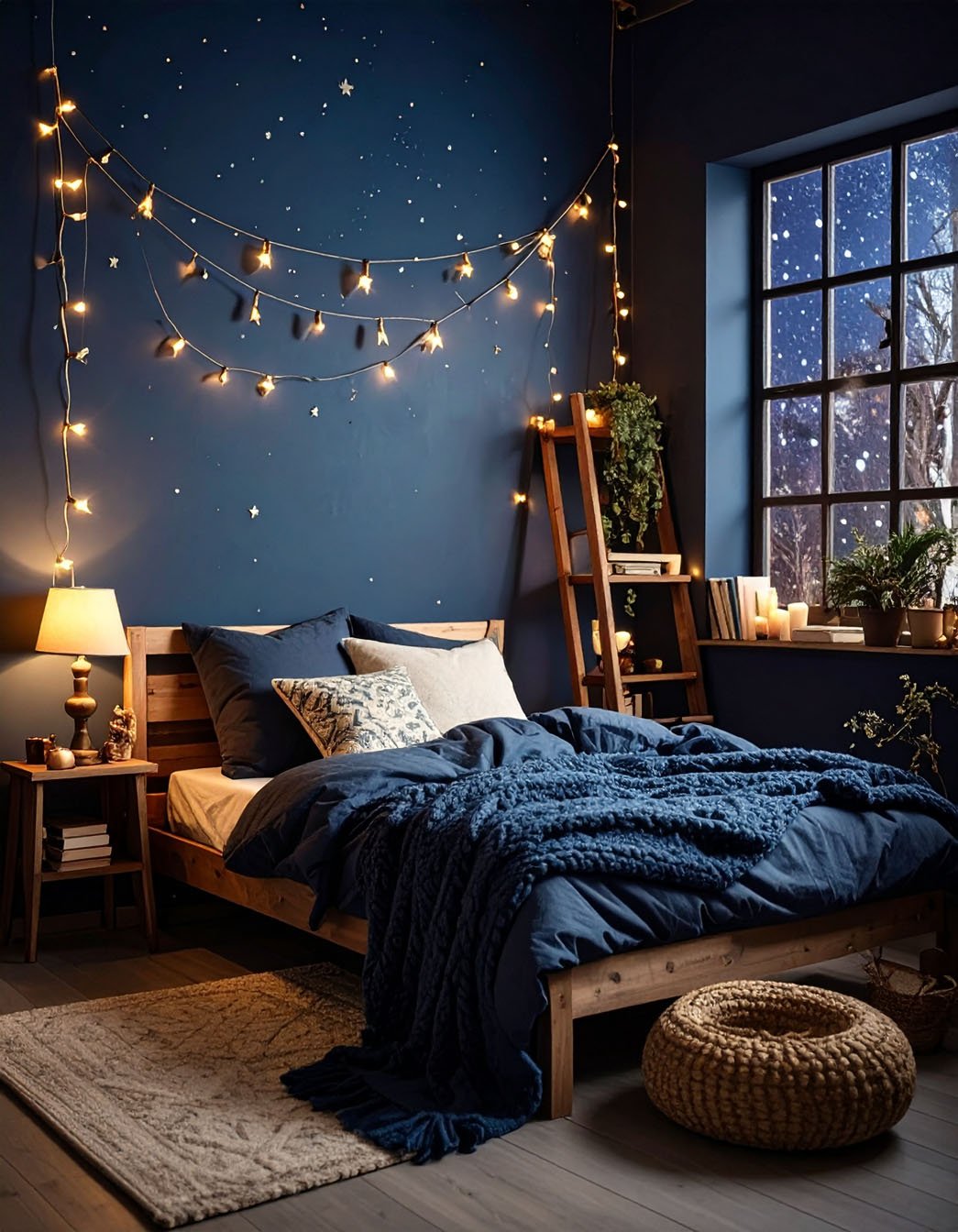 Chambre bleu nuit avec guirlandes lumineuses, lit en bois et grande fenêtre enneigée