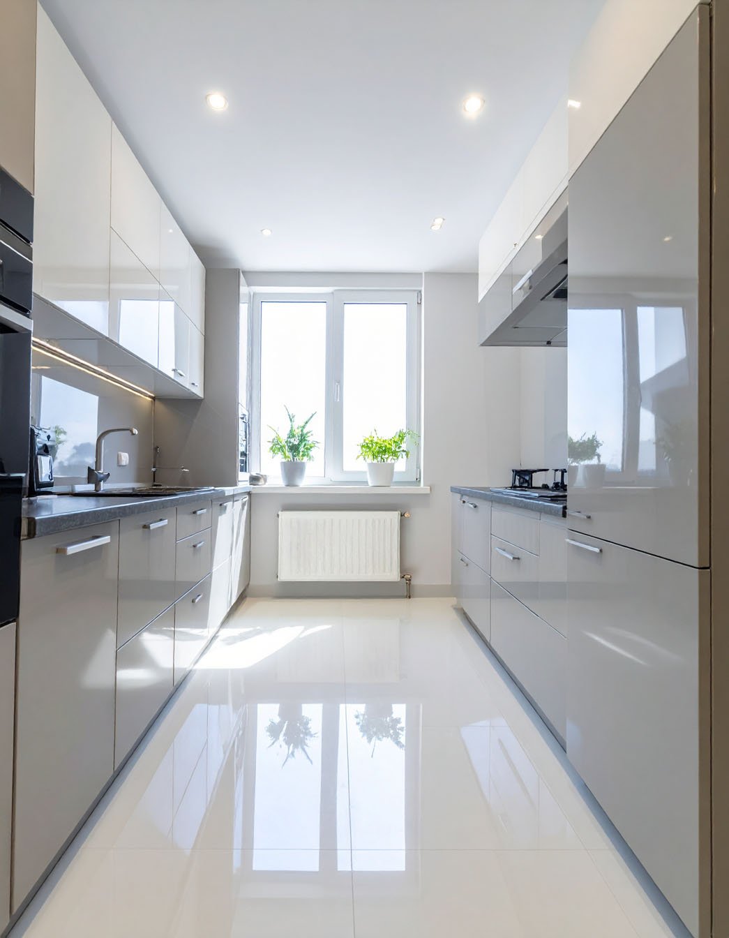 Cuisine parallèle moderne avec meubles beige laqué, sol brillant et grande fenêtre lumineuse