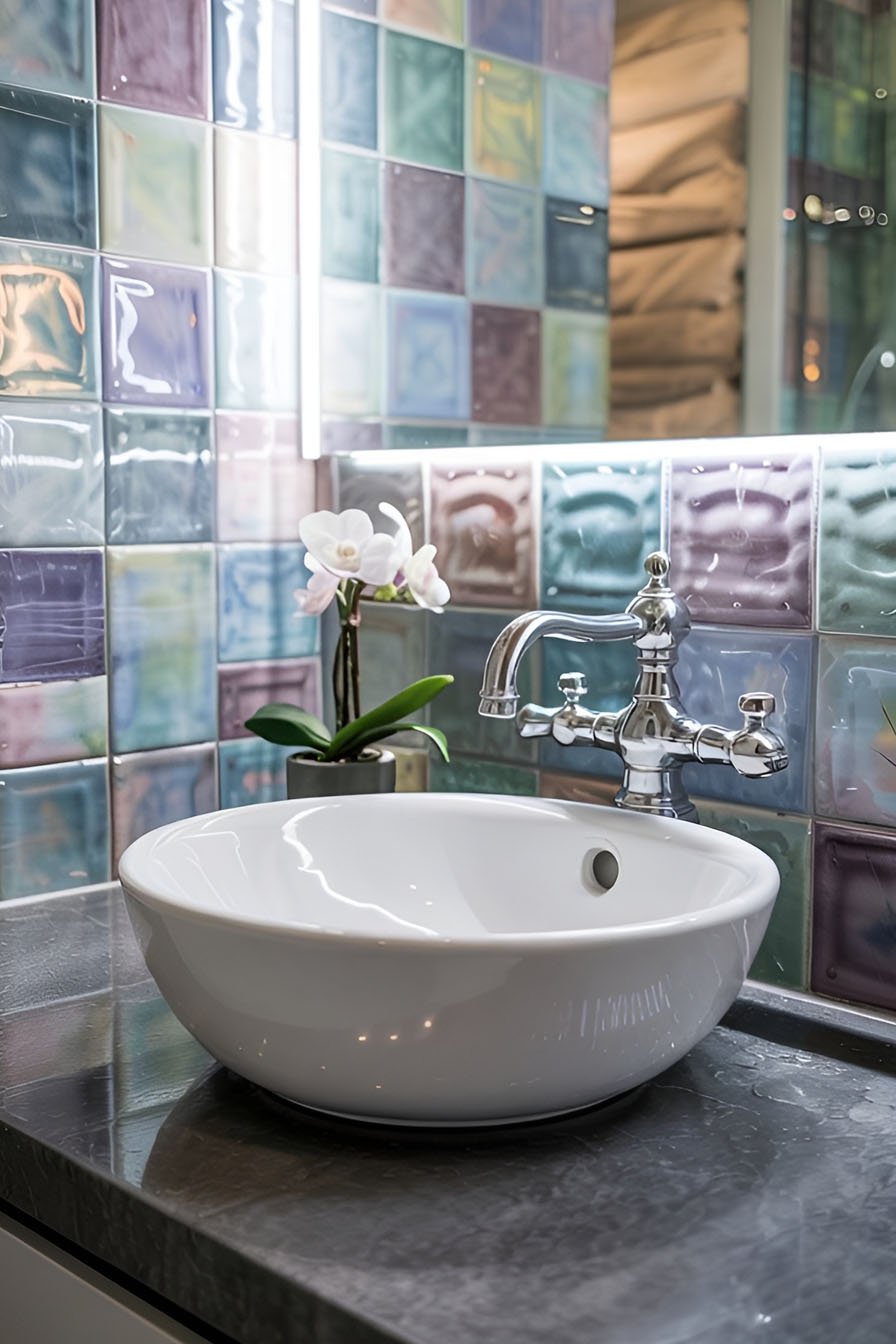 Vasque ronde blanche posée sur un plan de toilette foncé, devant un mur carrelé de petits carreaux irisés multicolores
