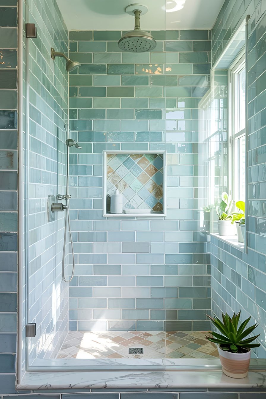 Douche moderne avec carrelage mural bleu clair brillant, niches encastrées et sol imitation bois