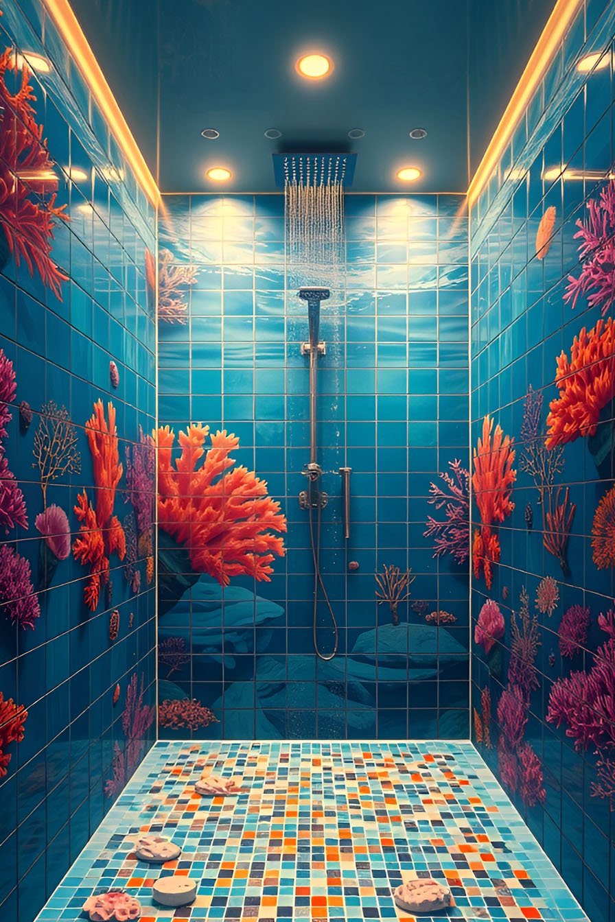 Douche immersive avec décor de récif corallien et pommeau pluie
