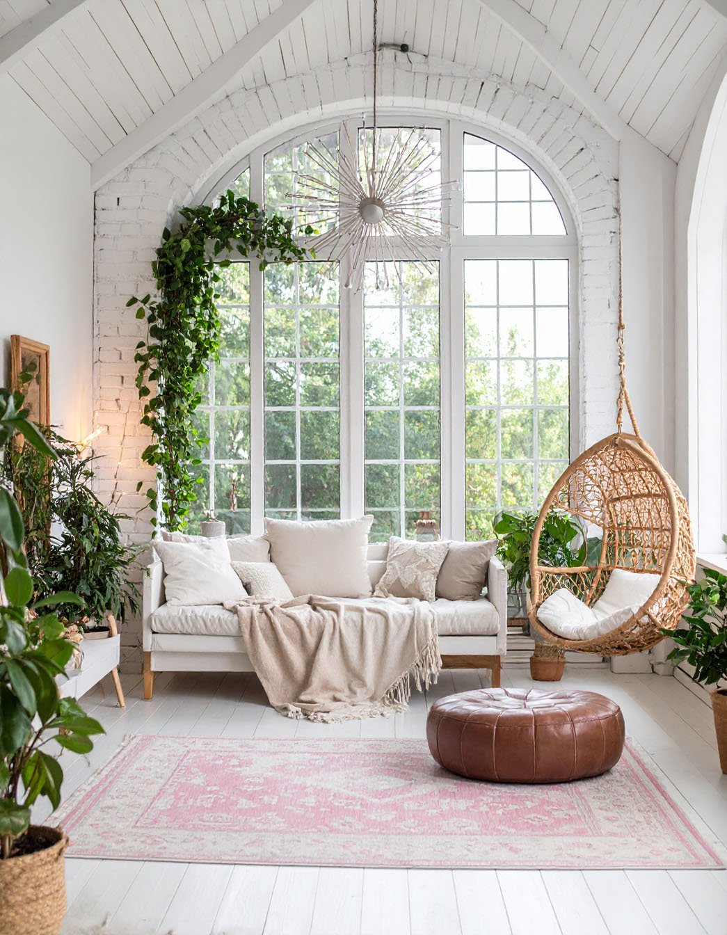 Salon lumineux avec grande fenêtre cintrée, canapé blanc, fauteuil suspendu en rotin et tapis rose