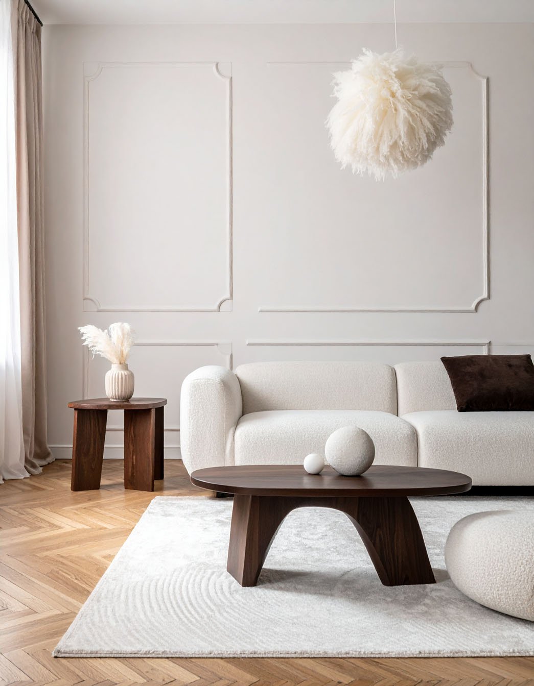 Salon minimaliste avec canapé bouclette blanc, tables basses en bois foncé et suspension plume
