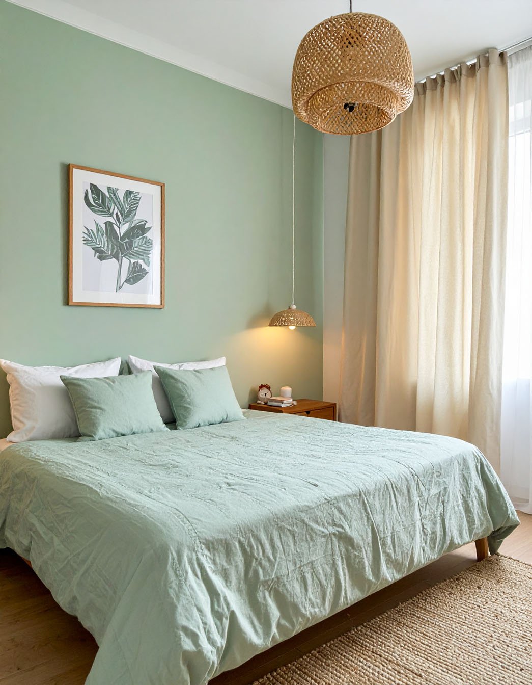 Chambre avec murs vert d'eau, lit avec couvre-lit assorti et suspension en rotin