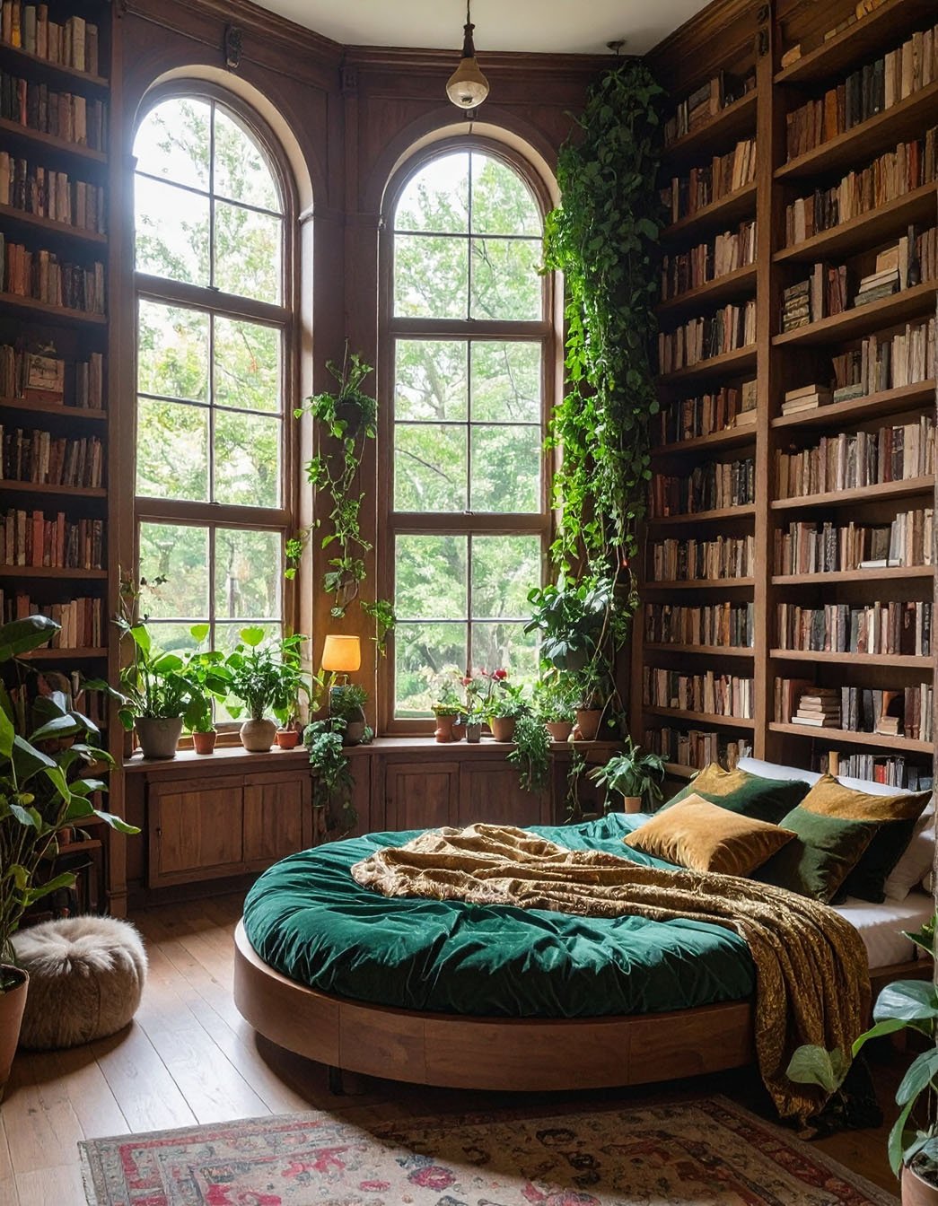 Chambre avec lit rond vert émeraude, entourée de bibliothèques remplies de livres et de plantes
