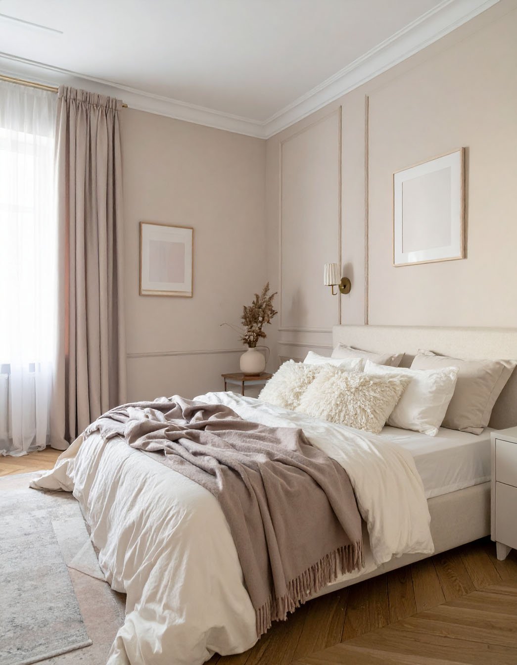 Chambre aux tons neutres avec murs à moulures, lit avec plaid taupe et parquet à chevrons