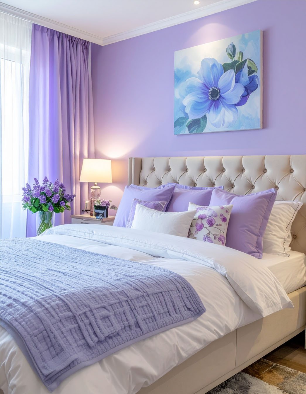 Chambre aux murs lavande, lit avec tête de lit capitonnée, literie et tableau de fleur violets