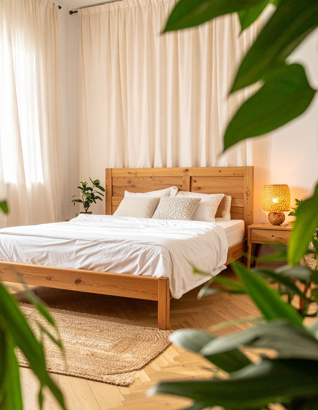 Chambre avec lit en bois clair, literie blanche, tapis en jute et nombreuses plantes