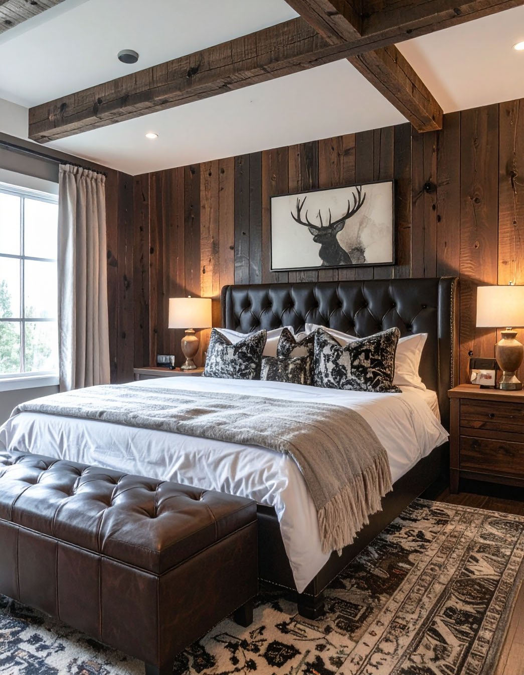 Chambre rustique avec lit en bois massif, murs en planches de bois et lustre en bois de cerf
