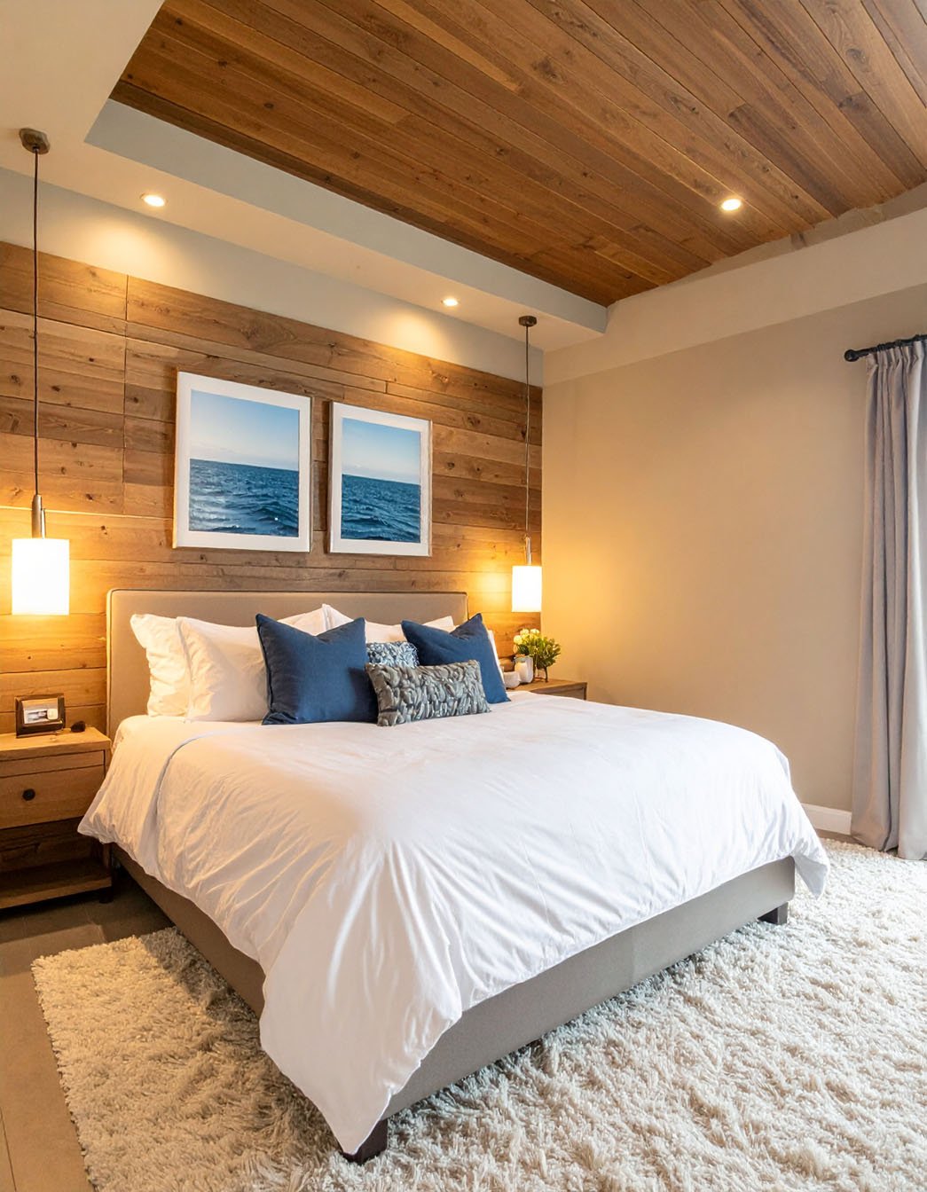 Chambre avec mur et plafond en lattes de bois, lit avec coussins bleus et tapis shaggy