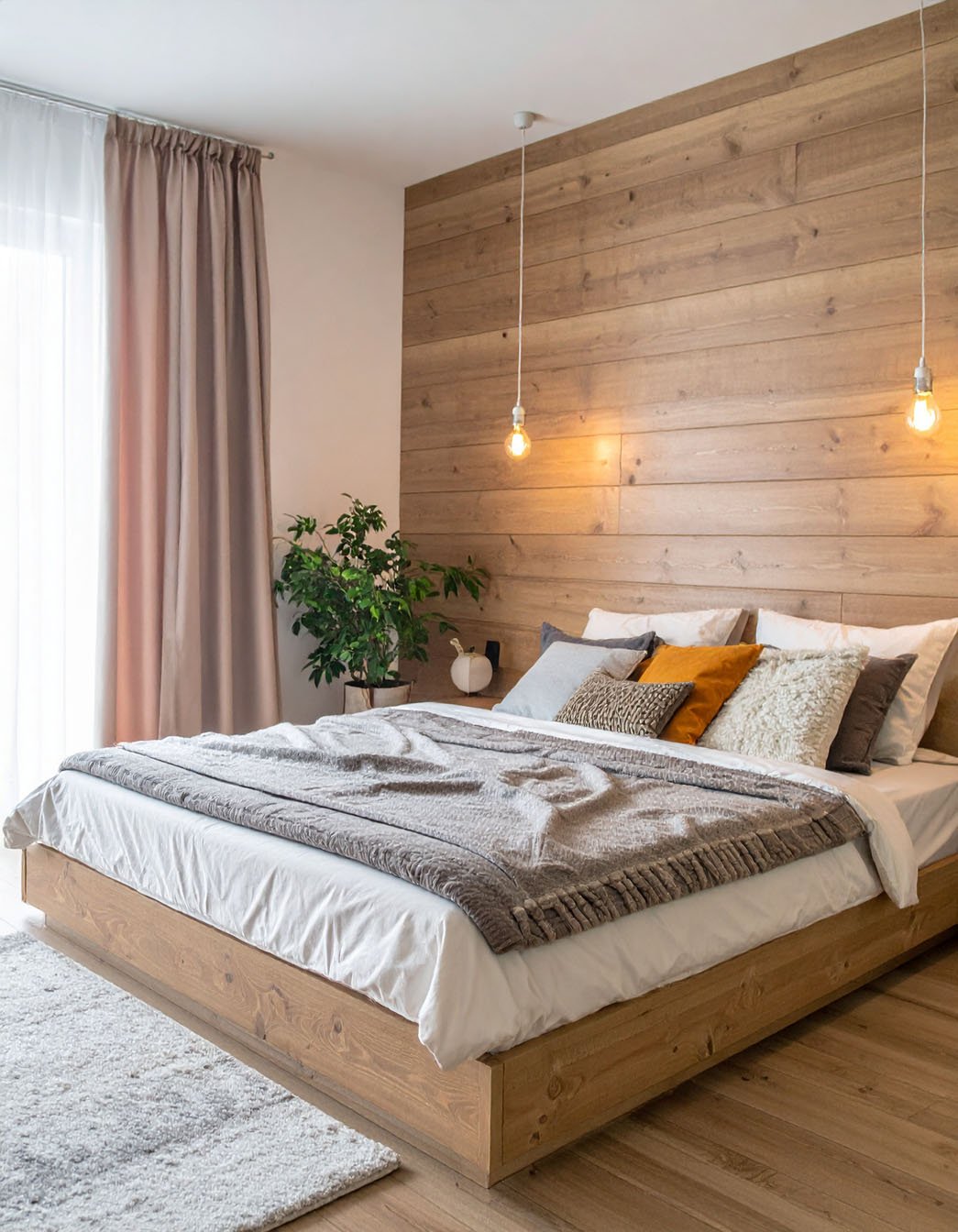 Chambre avec mur d'accent en lattes de bois, lit bas en bois et suspensions ampoules
