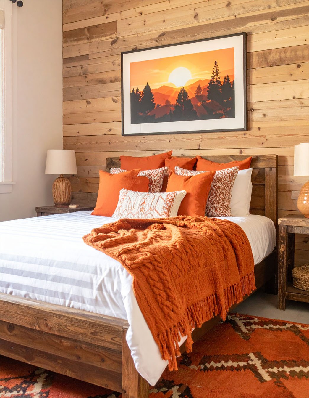 Chambre avec lit en bois, literie blanche, couvre-lit orange et mur en planches de bois