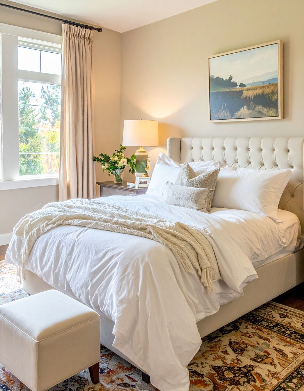 Chambre lumineuse avec lit à tête capitonnée, literie blanche et tapis à motifs