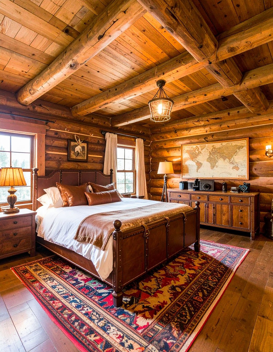 Chambre de chalet avec lit en bois, couvre-lit à motifs et murs en rondins