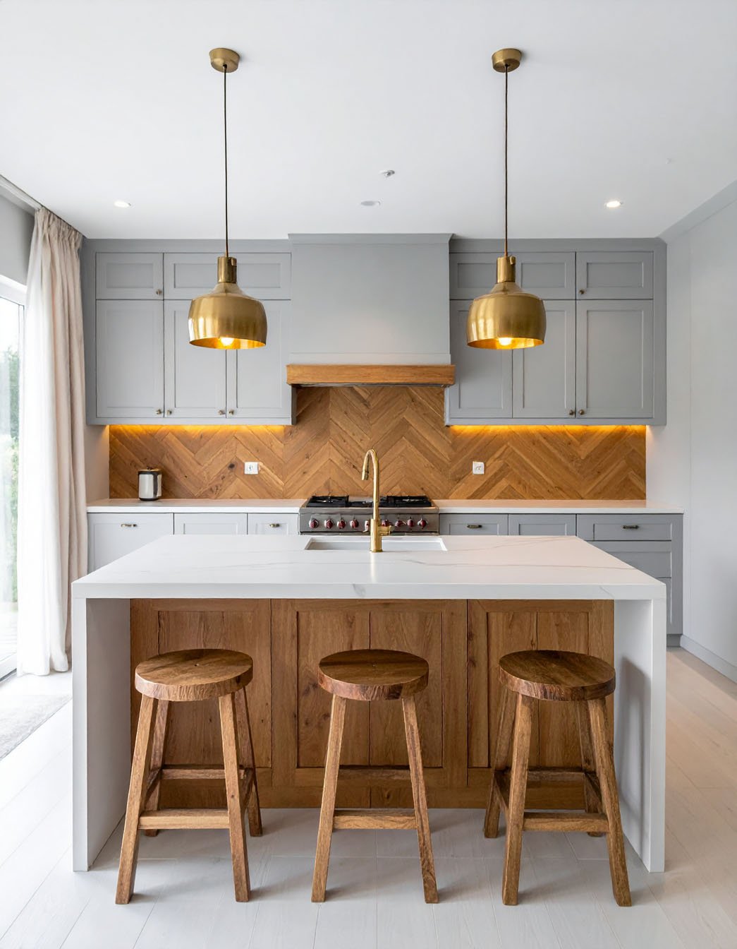 Cuisine avec îlot central, tabourets en bois, suspensions dorées et crédence en bois à chevrons