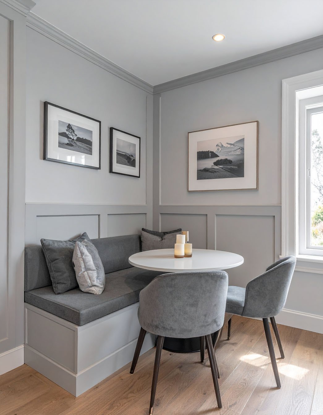 Coin repas d'angle avec banquette grise, table ronde blanche et chaises en velours gris