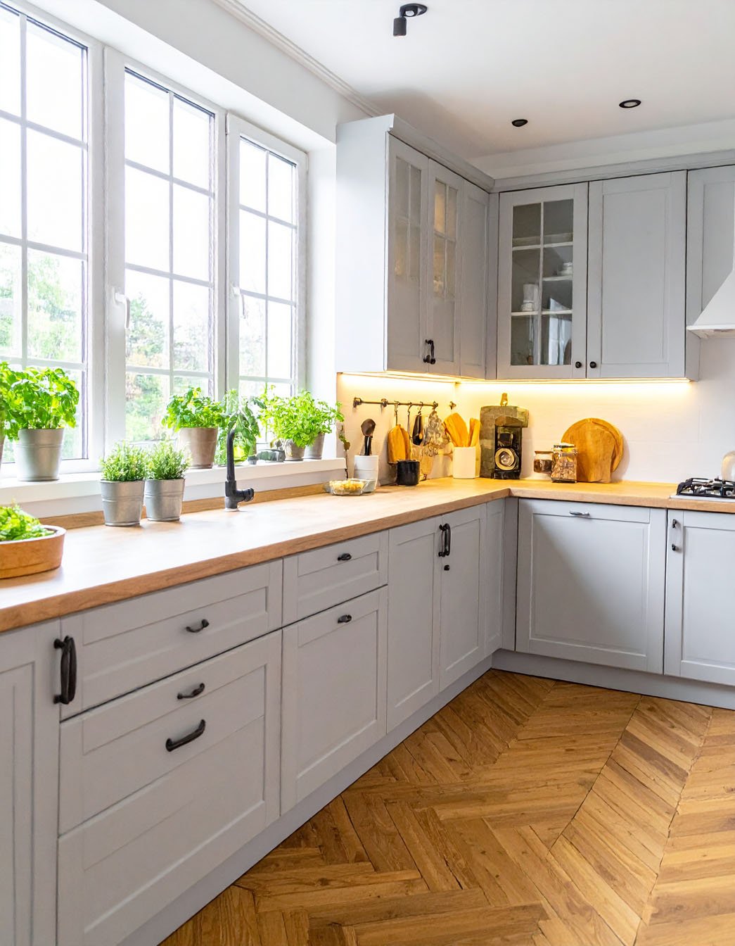 Cuisine avec meubles gris clair, plans de travail en bois, parquet à chevrons et herbes en pots