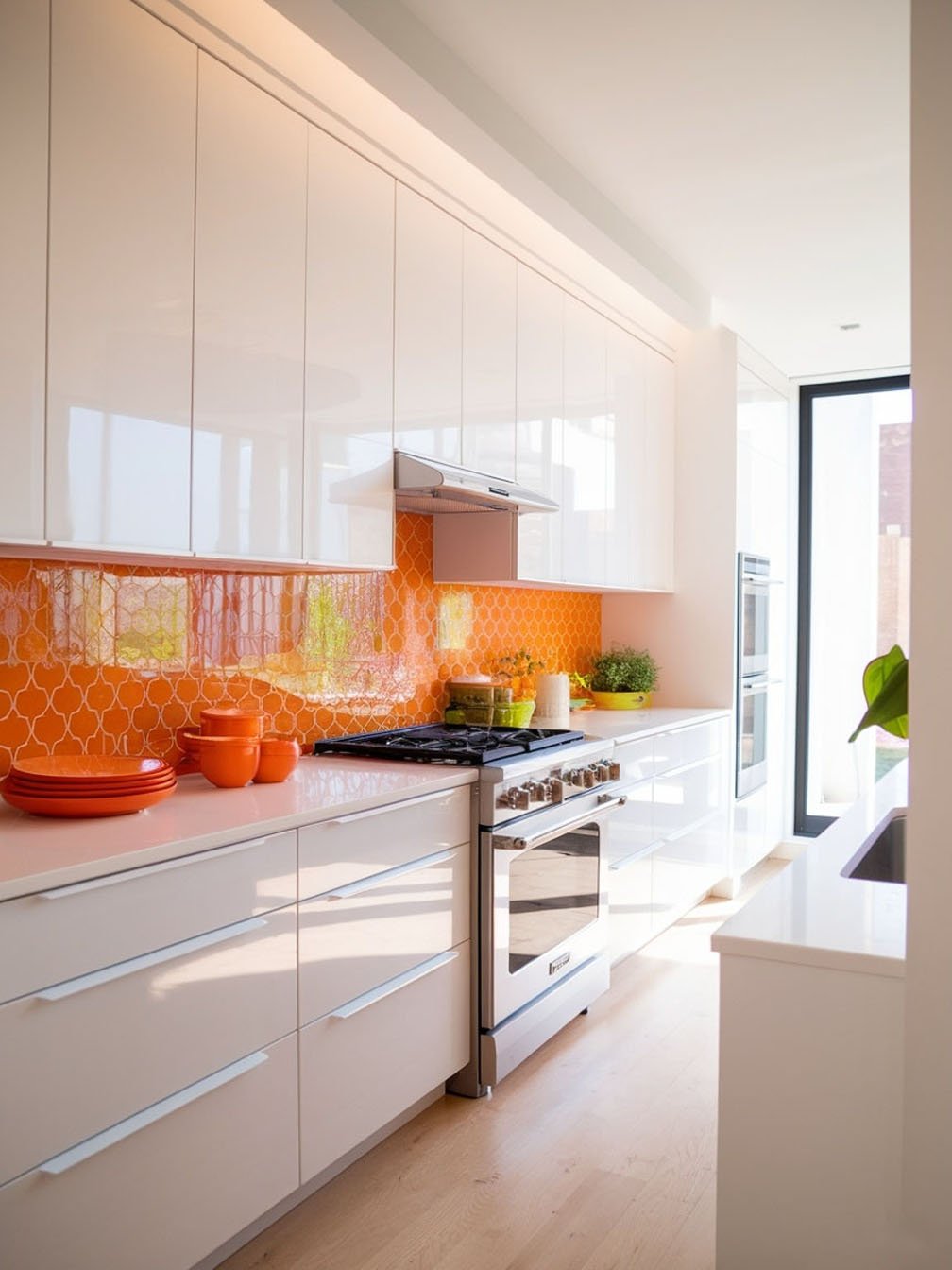 Cuisine moderne avec meubles blancs laqués et crédence en carreaux orange vif