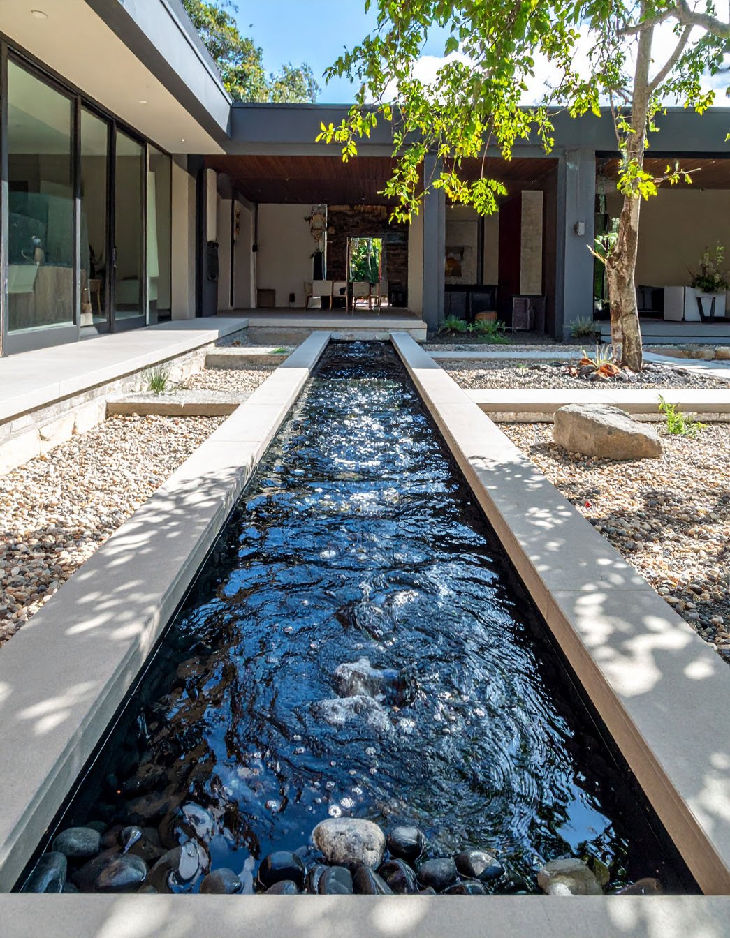 Jardin moderne avec bassin d'eau rectiligne, pas japonais et végétation luxuriante