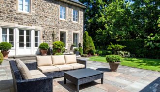 Terrasse en gravier avec table et chaises en fer forgé, entourée de buis et de fleurs