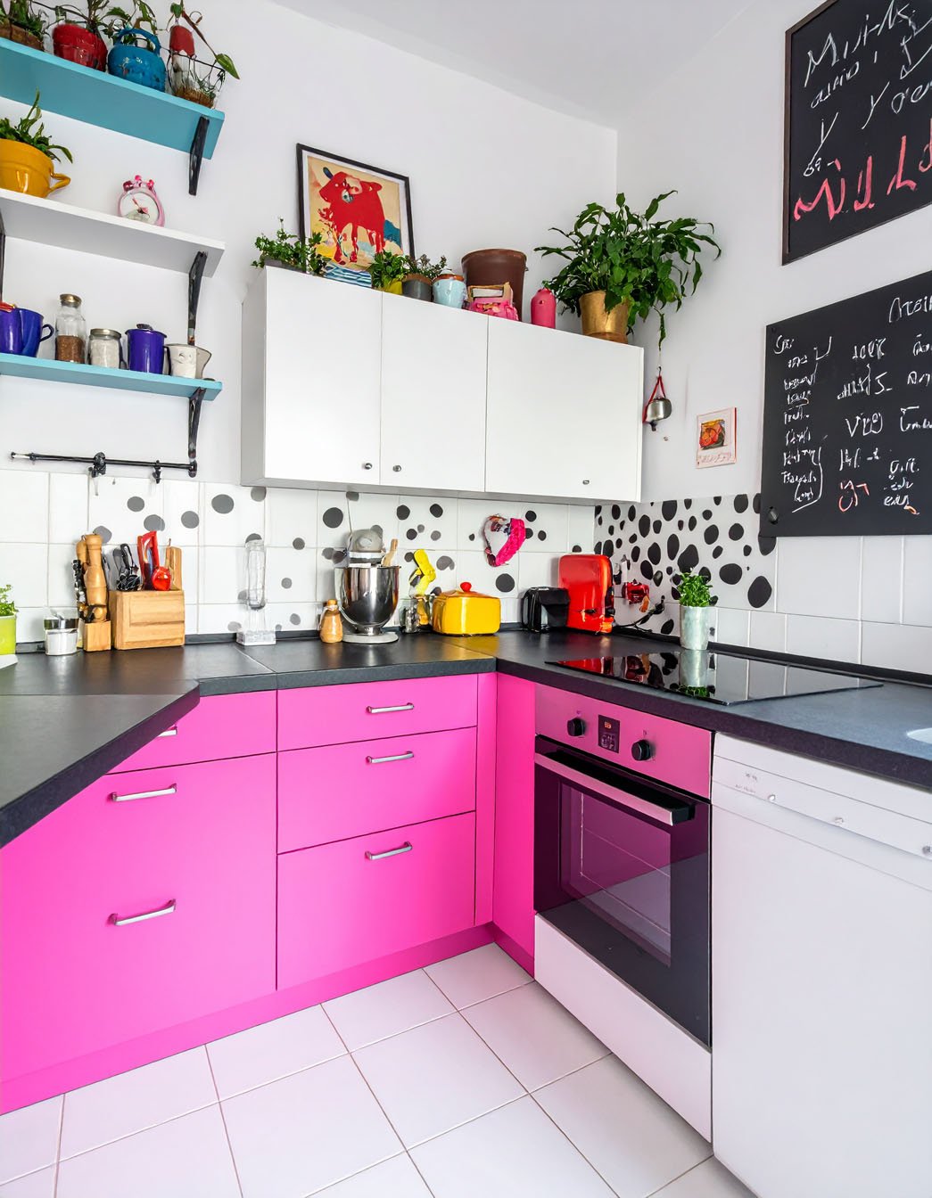 Cuisine colorée avec meubles bas rose vif, crédence à pois et tableau noir