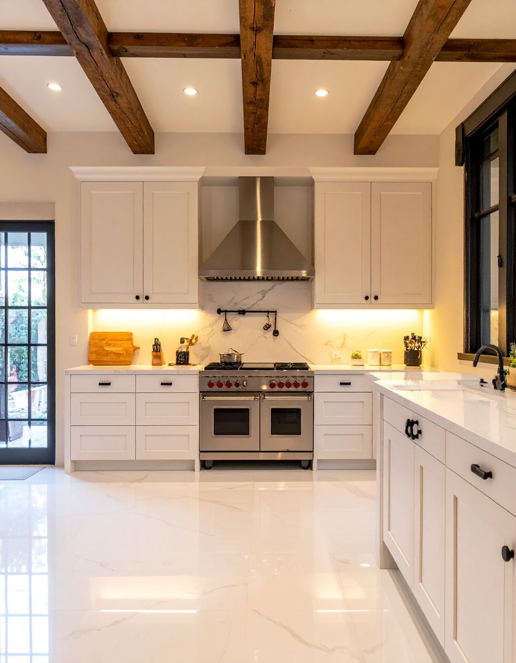Cuisine blanche avec poutres apparentes en bois, sol blanc brillant et piano de cuisson inox