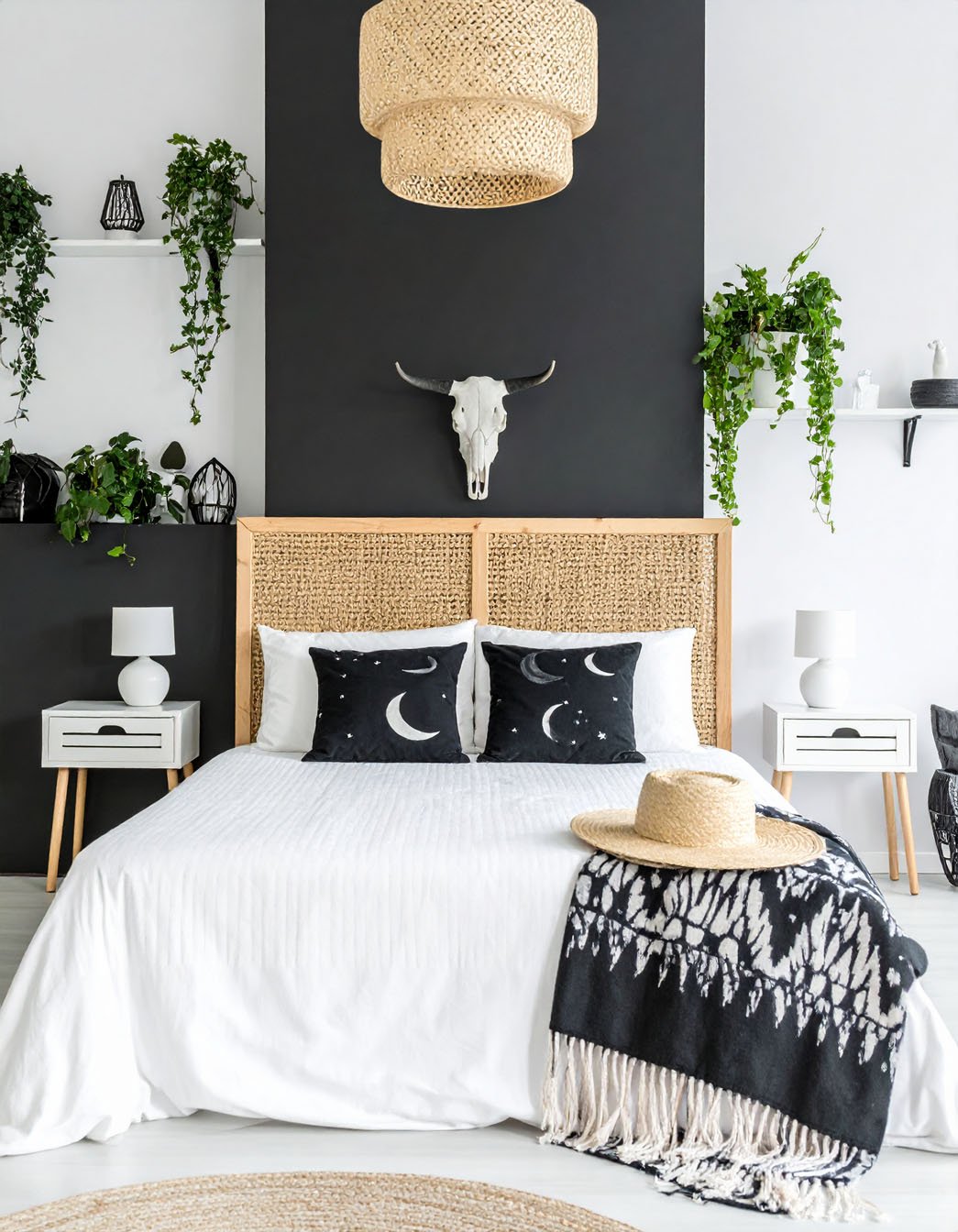 Chambre avec tête de lit en rotin, mur d'accent noir avec crâne de buffle et plantes suspendues