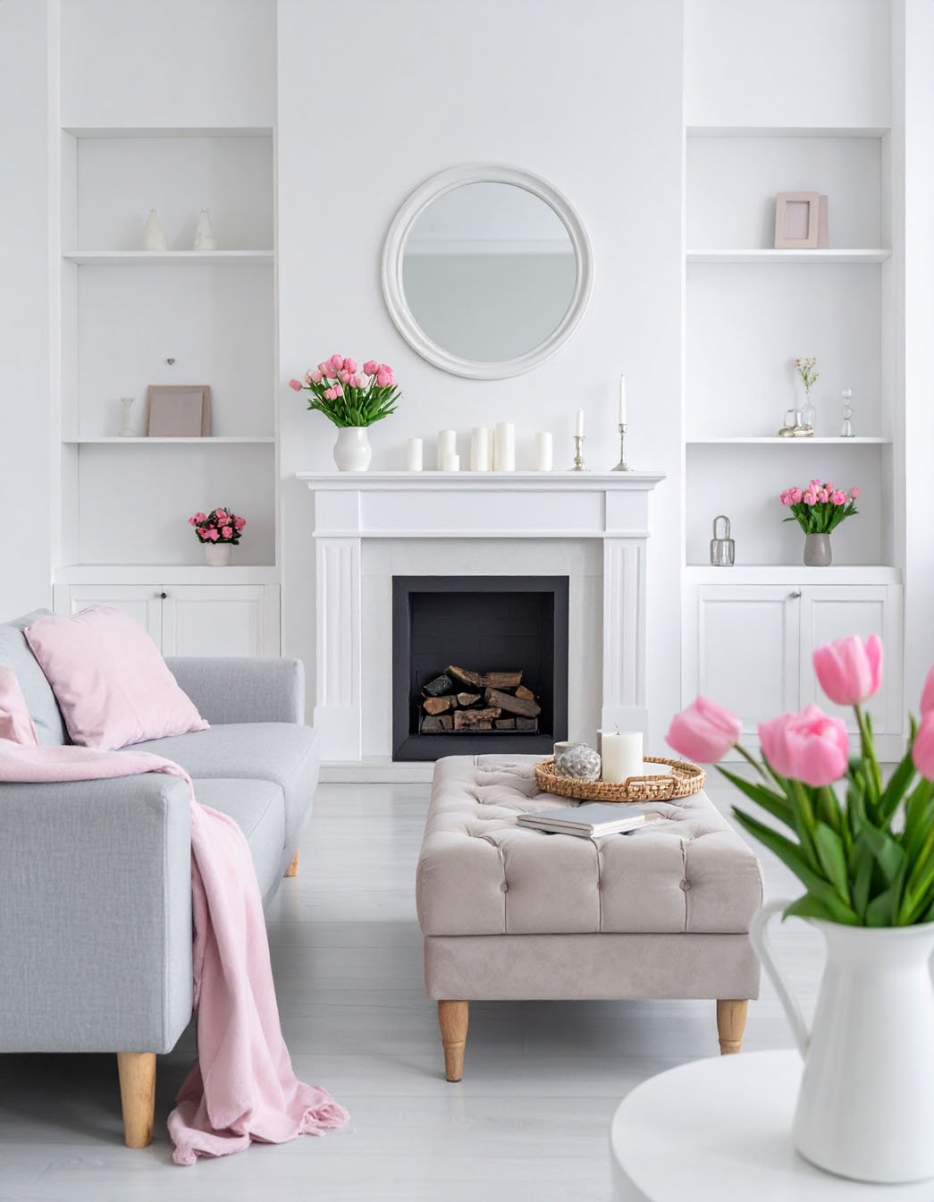 Salon lumineux avec canapé gris, pouf beige capitonné et cheminée blanche décorée de tulipes roses