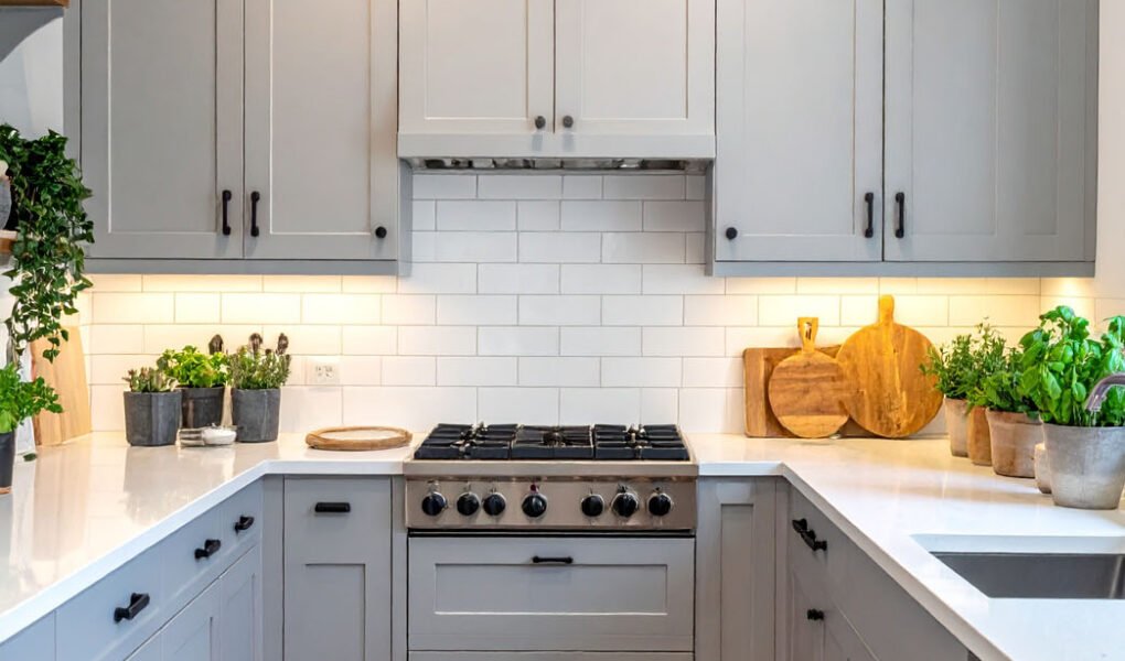 Cuisine en U avec meubles gris clair, crédence en carrelage métro blanc et tapis à motifs