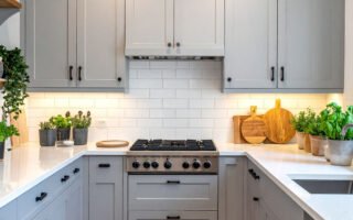 Cuisine en U avec meubles gris clair, crédence en carrelage métro blanc et tapis à motifs