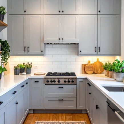 Cuisine en U avec meubles gris clair, crédence en carrelage métro blanc et tapis à motifs