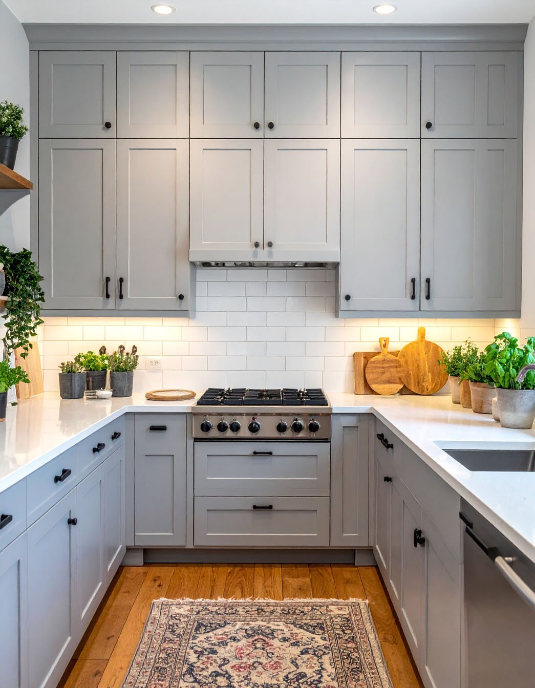 Cuisine en U avec meubles gris clair, crédence en carrelage métro blanc et tapis à motifs