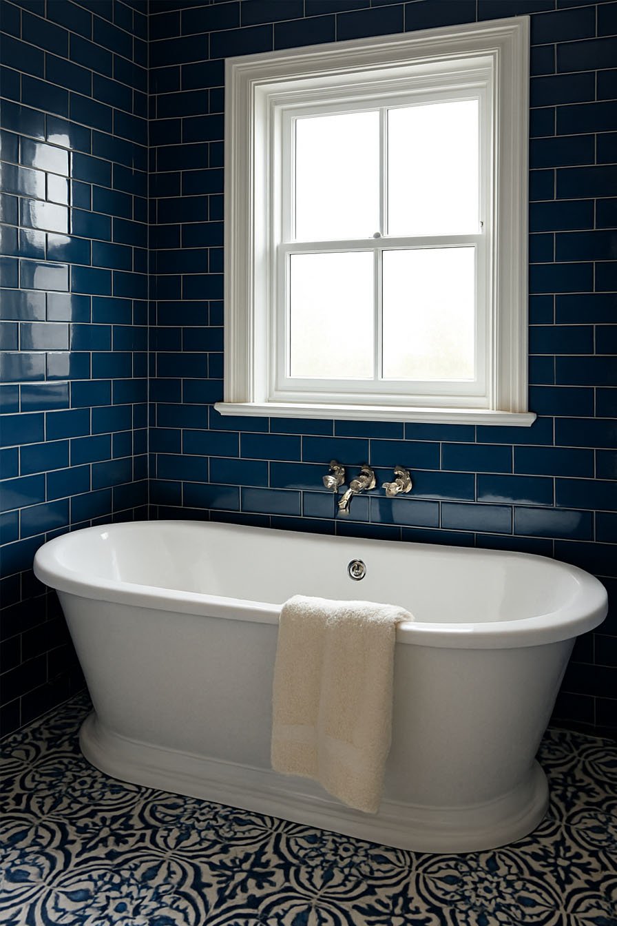 Baignoire blanche devant un mur de carreaux bleu marine.