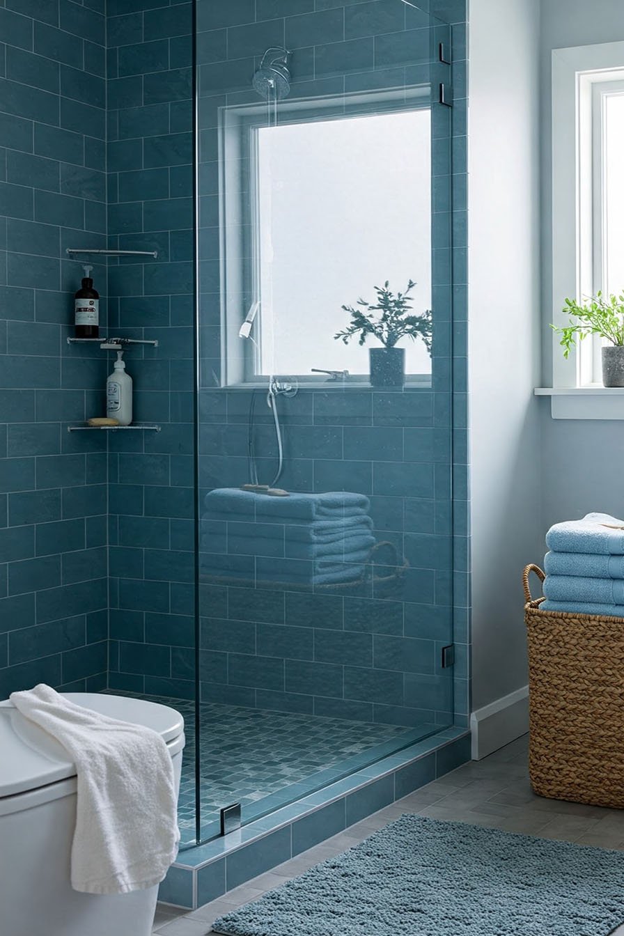 Salle de bain avec douche carrelée en bleu canard, paroi vitrée, et une fenêtre à l'intérieur de la douche