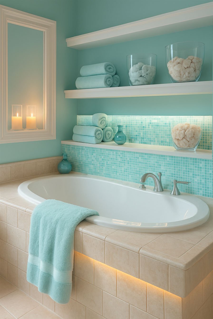 Salle de bain moderne turquoise et beige avec baignoire ovale, serviettes pliées et bols décoratifs sur des étagères.