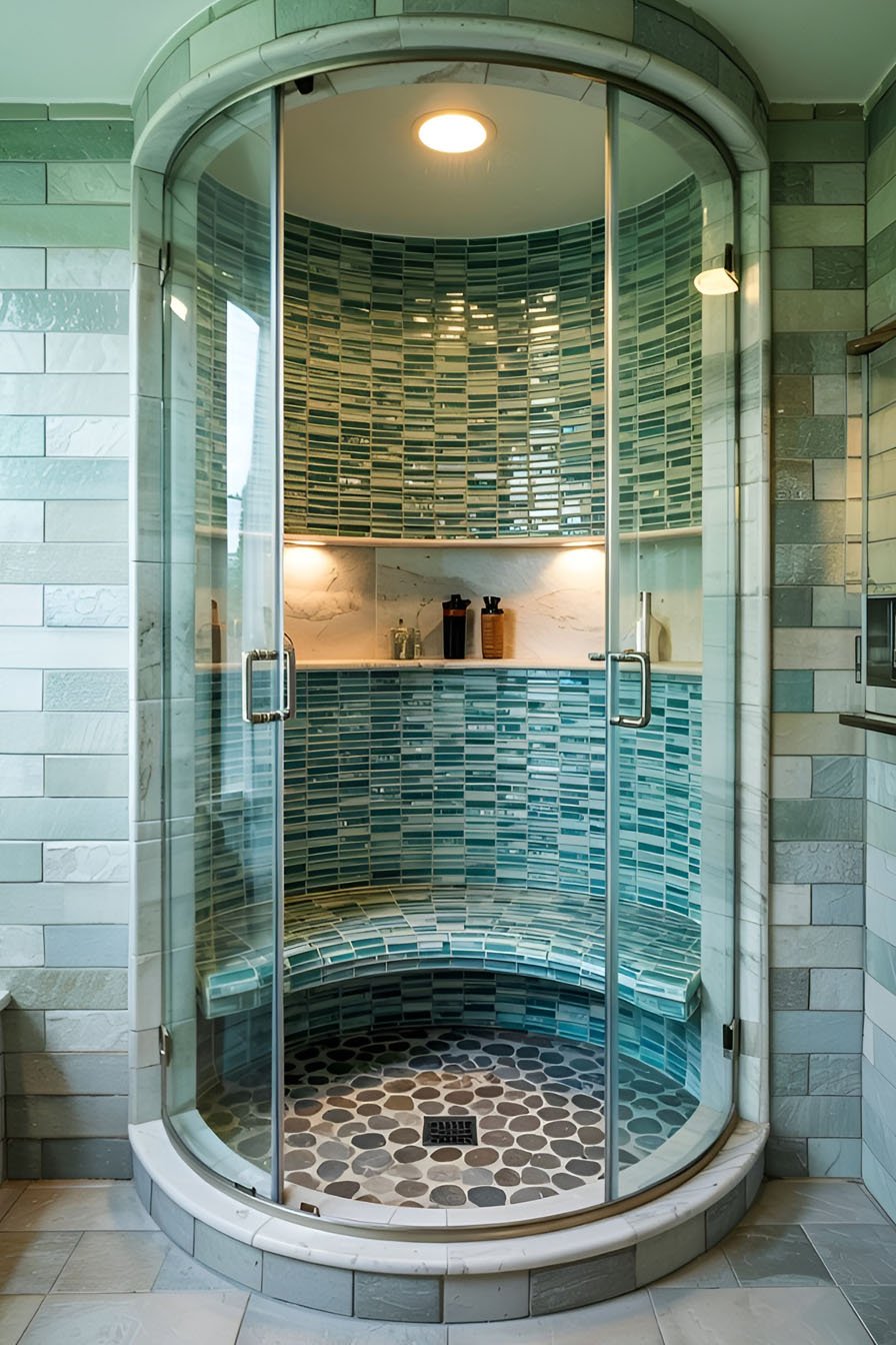 Douche avec porte en verre et banc intégré, offrant un espace moderne et fonctionnel pour la salle de bain