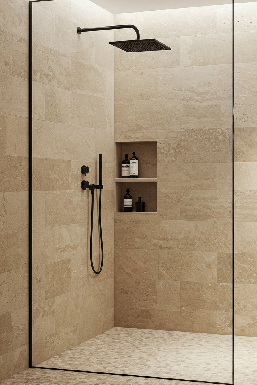 Douche à l'italienne moderne avec murs en carrelage beige imitation pierre, niche murale et robinetterie noire