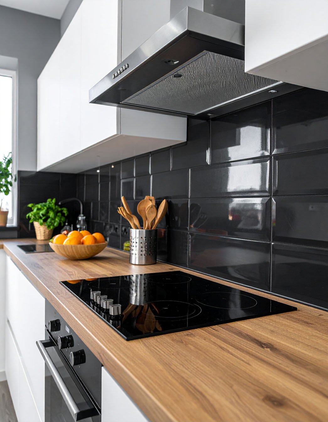 Cuisine avec meubles blancs, crédence en carrelage noir brillant et plan de travail en bois