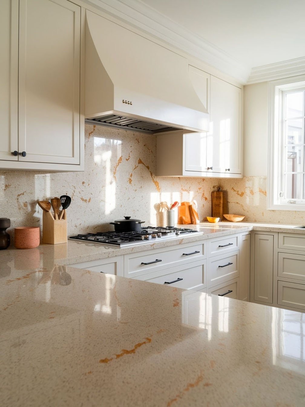 Cuisine lumineuse avec meubles blanc cassé et crédence en pierre naturelle veinée