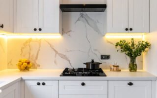 Cuisine blanche avec crédence en marbre, éclairage sous les meubles hauts et suspension
