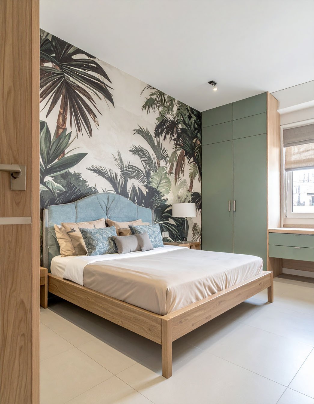 Chambre avec lit en bois clair, papier peint panoramique à motif de jungle et armoire vert sauge