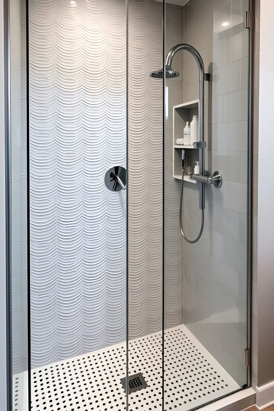Douche moderne avec mur d'accent en carrelage blanc texturé à motif de vagues et mur latéral gris avec niche intégrée