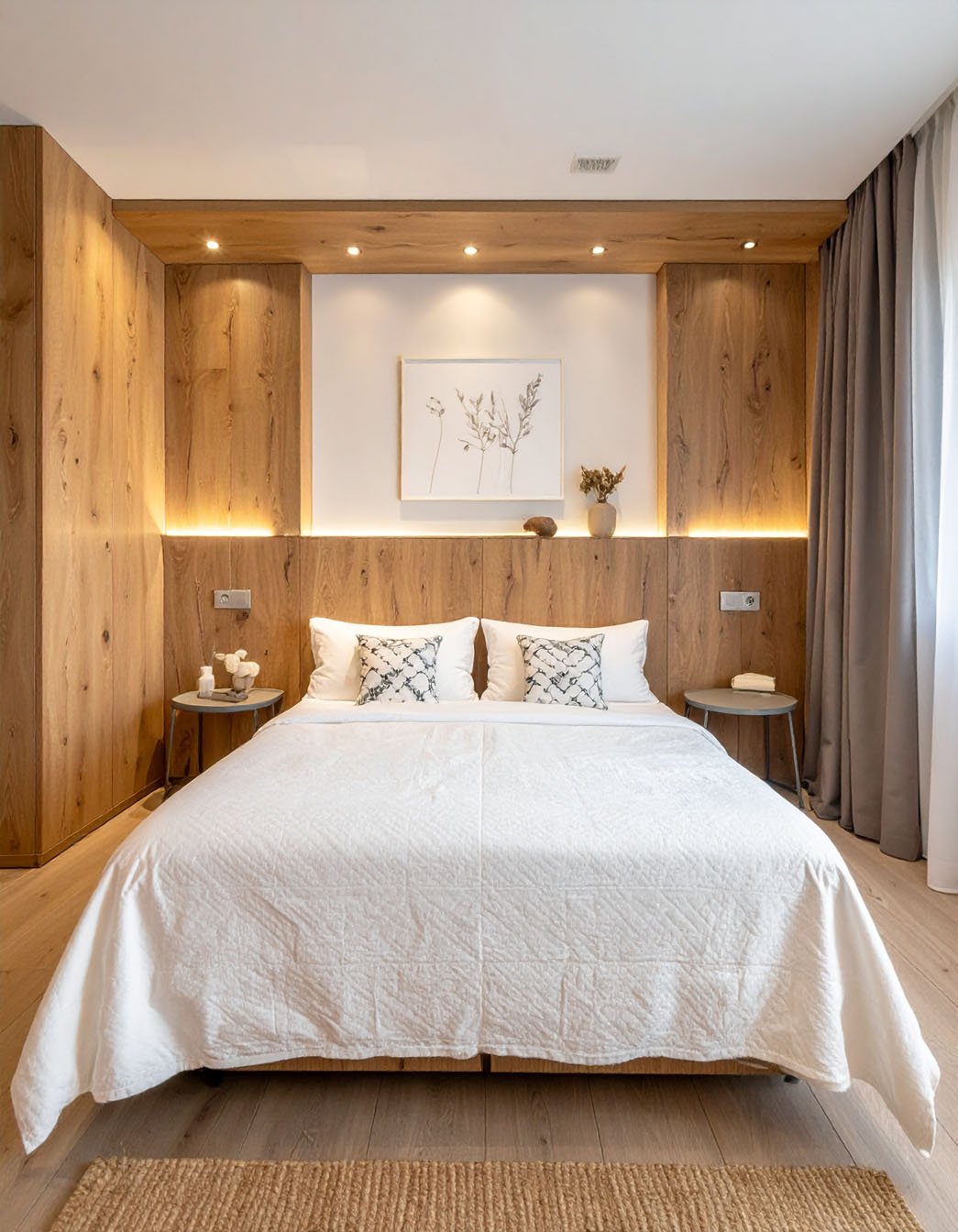 Chambre avec tête de lit en menuiserie bois, literie blanche et éclairage intégré