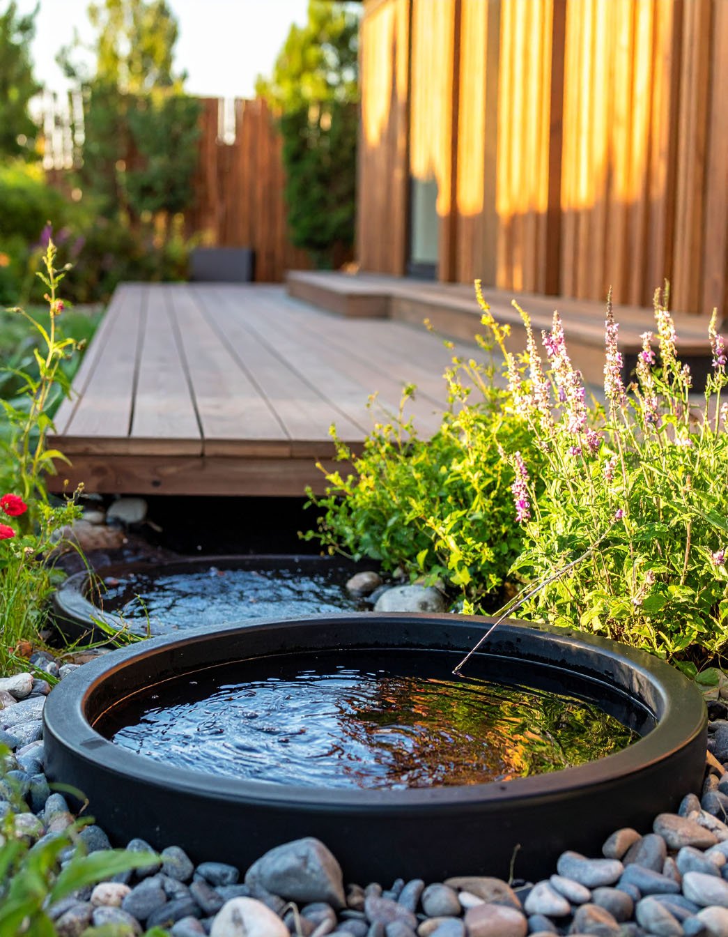 Bassin de jardin rond avec petit jet d'eau et terrasse en bois en arrière-plan