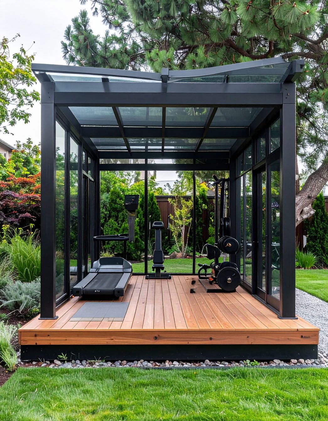 Salle de sport extérieure avec parois en verre, tapis de course et vue sur la mer