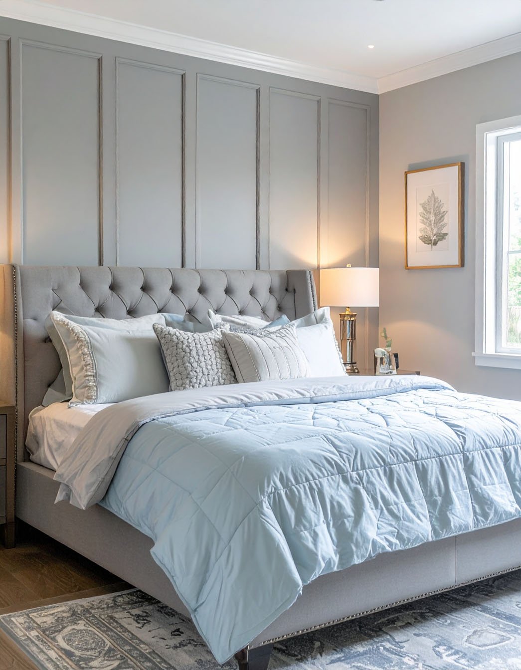 Chambre avec mur à panneaux gris, lit avec tête capitonnée et literie bleu clair